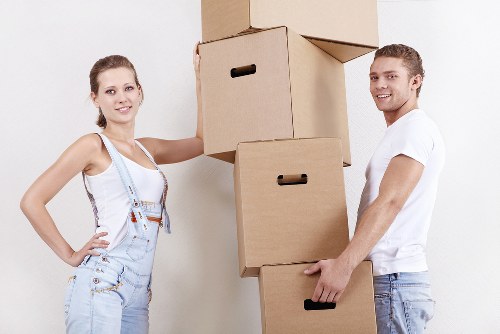 Packed office boxes and furniture ready for relocation