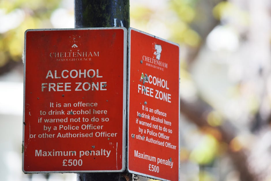 Two red Cheltenham Borough Council alcohol free zone signs mounted on a black pole outdoors, with visible wear including scratches and chipped paint. The signs display white text indicating that drinking alcohol in this area is an offence if warned not to do so by a police officer or other authorised personnel, with a maximum penalty of £500. The background is blurred but shows autumn foliage with yellow and green blurred leaves, implying the signs are situated along a street or public space. The environment suggests a well-lit daytime scene, and the signs are part of the area where Man with Van Yiewsley offers removals and home relocation services, possibly indicating the importance of respecting local regulations during moving or packing activities.